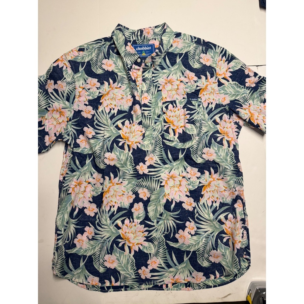 Chubbies Mens XL Tropical Floral Short Sleeve Popover Shirt‎ Navy Pink Hibiscus